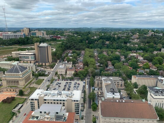 View from downtown Pittsburgh's Cathedral of Learning to the North Hills of Pittsburgh
