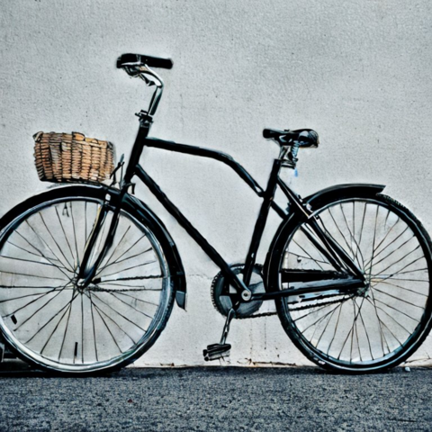 Ein KI-erzeugtes Foto von einem Fahrrad mit einem Korb am Vorderrad. Die Mittelstange verbindet Lenker und Sitzstange an falschen Stellen. Es gibt ein Pedal auf der zugewandten Seite, aber keines auf der abgewandten.