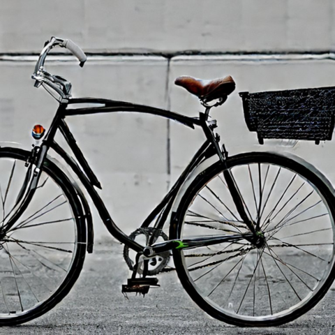 Ein KI-erzeugtes Foto von einem Fahrrad mit einem Korb am Hinterrad. Es gibt Stangen, die mittendrin aufhören, die Kette scheint dreifach zwischen Tretlager und Hinterachse zu verlaufen. Das Pedal ist ein einziges Desaster.