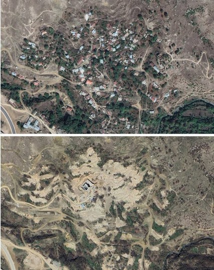 2 Luftaufnahmen des Dorfes Karin Tak vor 2020 und 2024
