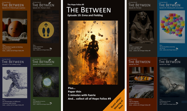 Picture shows magazine cover, silhouette of a boy walking through a haze of orange read wilderness. Reference to interview with Faerie, Guest editor Silver and eight previous episodes are shown surrounding the main mag