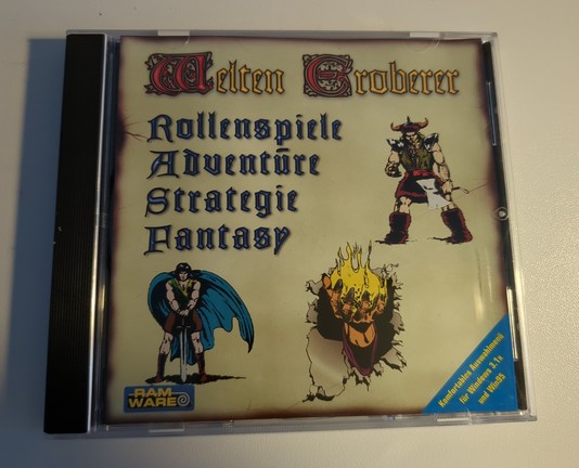 A CD jewel case with generic fantasy characters and text in different tacky 