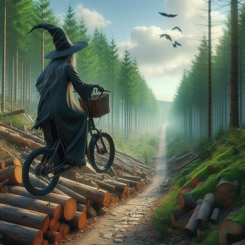 KI-Bild: Eine Hexe, die mit einem E-Bike zum Blocksberg fährt.