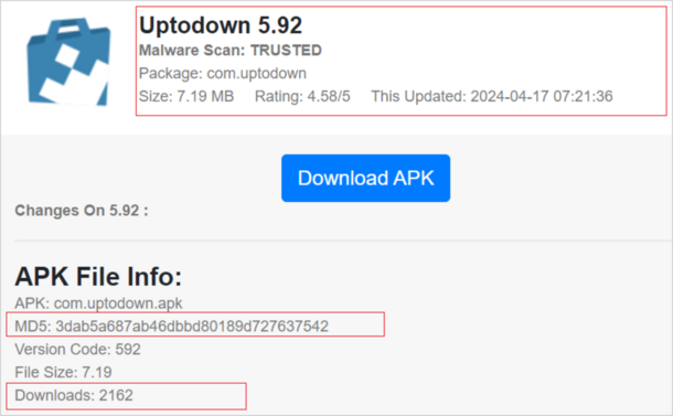 The malicious APK on a third-party app store.

The use of the Uptodown App Store app for the campaign indicates an attempt to pass off a legitimate third-party app marketplace and trick unsuspecting users into installing it.