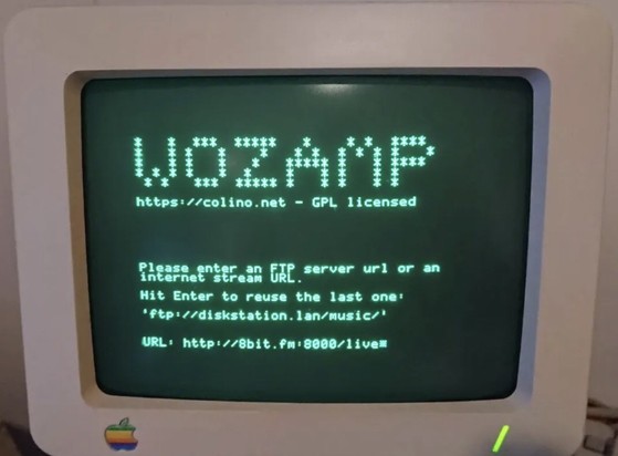 The media player can play audio files in an FTP network share or an online web radio station. It can also display album art on the Apple II monitor and includes a VU meter that is active during playback.