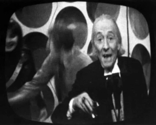 Screenshot from Dr Who The Daleks' Master Plan, in which the Doctor wishes the audience at home a merry xmas.