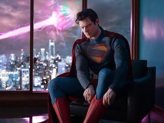 New promo image of Superman sitting in a chair, putting on his boot, while out the window a great big sci-fi thing is laser blasting the city.