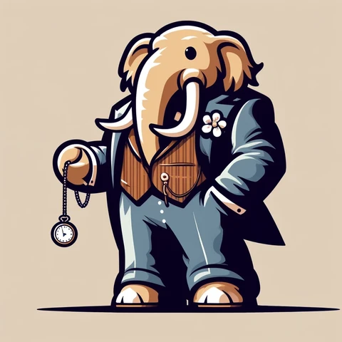 A cartoon-style image of a mastodon dressed in a classic suit with a vest and bow tie, symbolizing an offline short vacation. The mastodon should appear stylish and sophisticated, holding a pocket watch on a chain attached to its vest. The background should be neutral to emphasize the character, and the artwork should be square-shaped to fit a Mastodon post.
