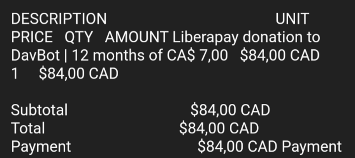 screenshot of an $84 CAD donation to davbot.media.