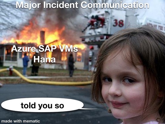Disaster Girl Meme
about a mahor incident
the burning house consists of azure sap VMs and hana
the girl says 