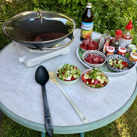 Outdoor hot pot setup with a covered electric grill, bowls of raw meats and vegetables, condiments, and cooking utensils on a garden table.