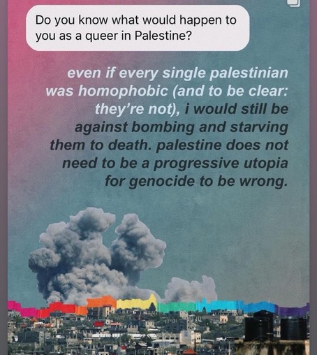 Do you know what would happen to you as a queer in Palestine? even if every single palestinian was homophobic (and to be clear: they're not), i would still be against bombing and starving them to death. palestine does not need to be a progressive utopia for genocide to be wrong.