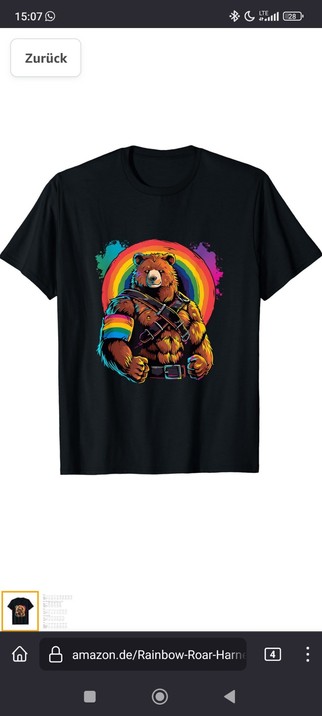 Ein schwarzes T-Shirt mit einem Maskulinen Bär. Er hat so Gürtel als x gekreuzt über der Brust. Im Hintergrund ist ein Regenbogen Kreis und am arm eine Regenbogen binde