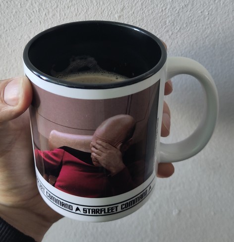 Halbvolle Kaffeetasse. Darauf das Memebild wie sich Picard an die Stirn fasst.