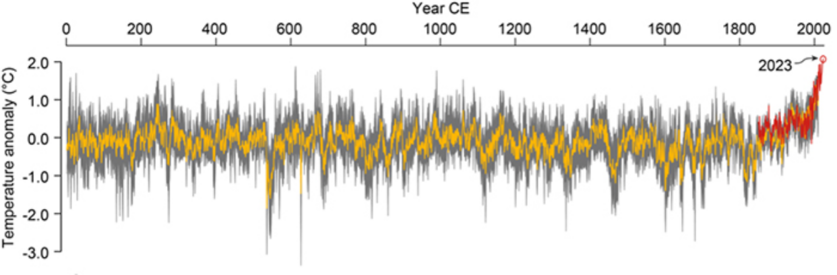 Instrumental summer land temperatures (red) with the tree ring reconstruction mean (yellow).
[Source: Nature]