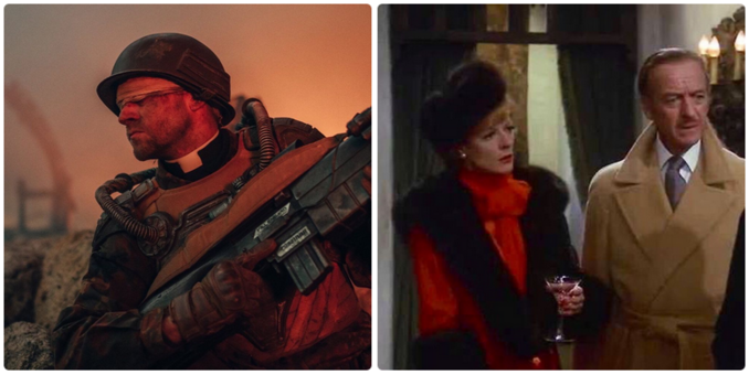 2 images. One: a futuristic military cleric from the Dr Who trailer for 'Boom', his eyes covered in bandages. Two: Dick and Dora, high class sleuths from 'Murder By Death'.