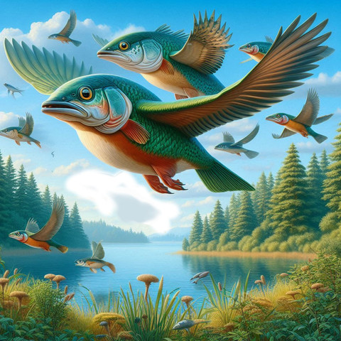 Hintergrund ist ein See, es sind Bäume und Büsche zu sehen, der Himmel ist Blau und es ziehen kleine Wölkchen. Durch die Szene fliegen Vögel, die Fischköpfe haben. Sie sind bunt und sehen mürrisch aus.