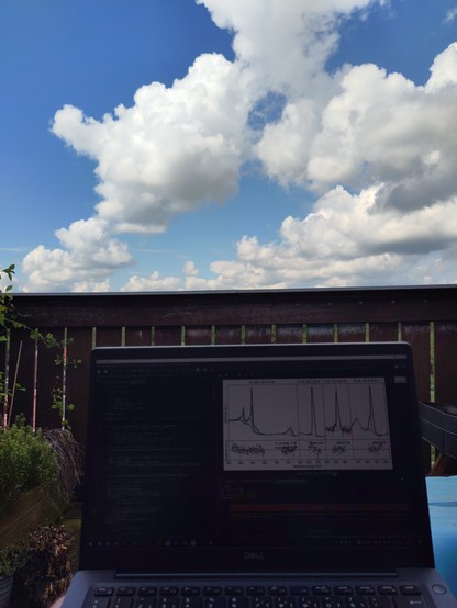 Mein Balkon. Im Hintergrund Cumulus-Wolken. Auf dem Balkon sind Pflanzen. Mein Laptop im Vordergrund. Darauf eine Python-IDE und ein Diagramm im Unterfenster.