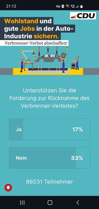 Screenshot der CDU Umfrage, 86% für Verbrenner-Aus