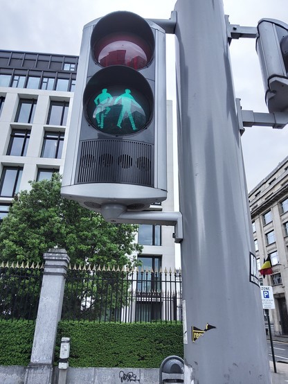 Pedestrian crossing light showing a walking person next to a cyclist, sorta like some cities put gay/lesbian couples on their crossing lights near the gay village or in the tourist district. It's in the fancy Congrès district of Brussels, lots of grand offices