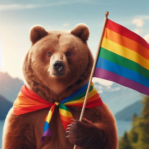 Ai Bild. Ein Braunbär hält eine Regenbogenflagge und hat eine Regenbogenflagge als Halstuch