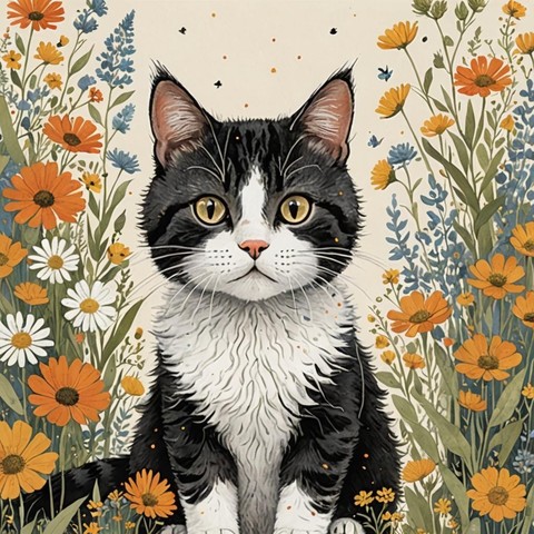 An illustration of a grey, white cat with black highlights on a cream background surrounded by orange, yellow and white flowers.