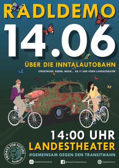 Plakat von Fridays for Future mit dem Infos wie im Text von mir, darauf zunsehen gezeichnet 2 Radler:innen die um ein mir Ranken bewachsenes Auto fahren.