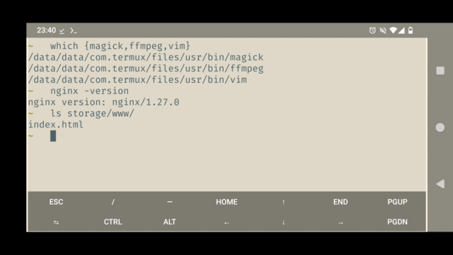 Bildschirmfoto des Terminal-Textfensters eines Smartphones, darin die Pfade zu einigen installierten Programmen 