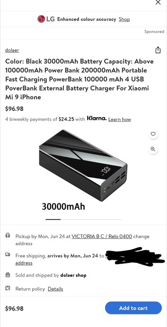 a Walmart marketplace listing for a power bank, there are no options but image and description lists it as a 30k, 20k and 10k power bank for $96 CAD.