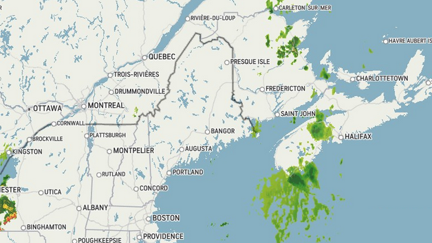 A map of New England and northeast Canada, showing a green blob that looks like it has tentacles and wings.