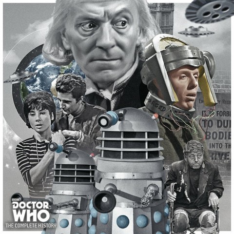 A combination of images, most of them black and white. An elderly man with white hair (Doctor Who), Daleks, Men with robotic helmets (Robomen), flying saucers, and two people (a man and a woman) holding hands.