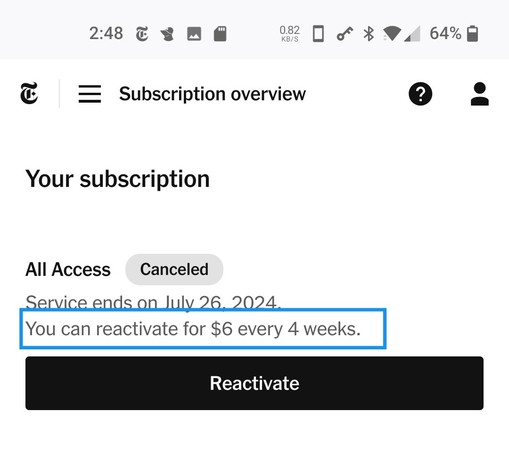 The NY times trying to get me back to subscribe for $1.5 per week.