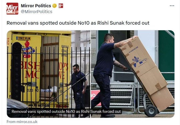 Mirror Politics headline: Removal vans spotted outside No10 as Rishi Sunak forced out. 
Picture: Man rolling cardboard box on hand-cart.