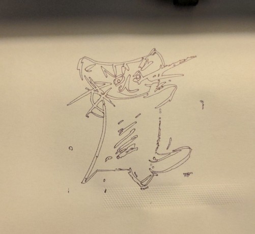 Vom Plotter nachgezeichnete Vektorgeafik einer ursprünglich von Kindern an eine Tafel gekritzelten Katze