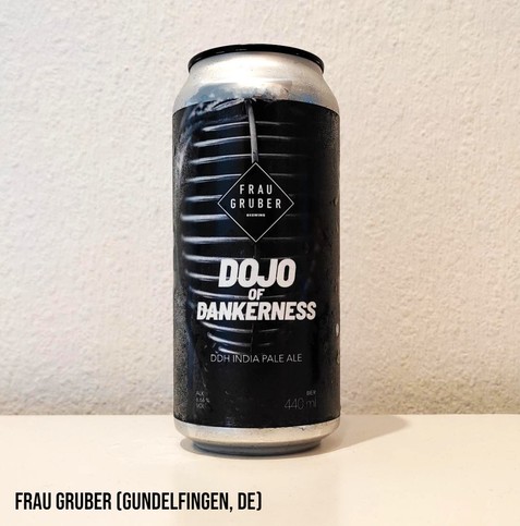 A black and silver 440 ml can of Dojo of Dankerness Double Dry Hopped IPA by Frau Gruber brewery, Gundelfingen, Germany.