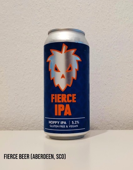 A blue, silver, and orange 440 ml can of Fierce IPA by Fierce Beer, Aberdeen, Scotland.