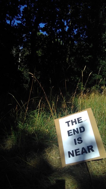 An einem Waldrand in der Abendsonne liegt ein Schild von einer Demo im Gras, beschriftet: 