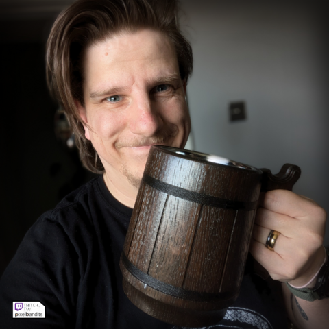 A nerd holding a MASSIVE wooden mug