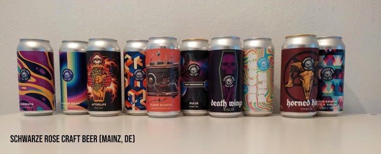 Ten 440 ml cans of beer with colorful labels, by Schwarze Rose brewery in Mainz, Germany.