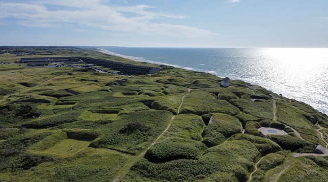 Foto einer grünen Küstenlinie aus der Luft mit Meer und Dünen.