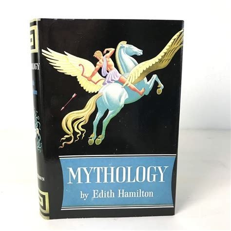 A hardcover book with a black book jacket. On the book jacket is an illustration of a man in a toga shooting an arrow, while riding on a winged white horse.

Below the illustration, in a light blue banner, is the book title (in white letters):
MYTHOLOGY
by Edith Hamilton