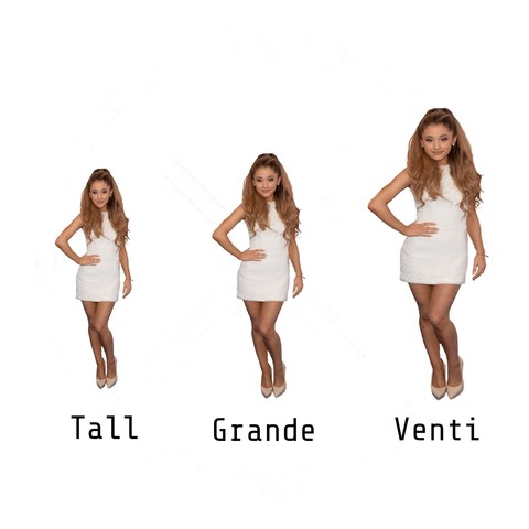 three images of Ariana Grande wearing a white dress in a white background. Each Ariana is title tall, grande, and venti. Each Ariana is slightly larger than the one before.