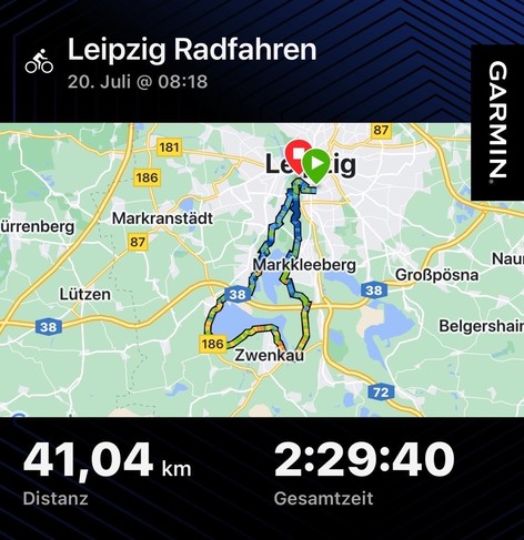 bike route map through southern Leipzig, Markkleeberg, Zwenkau - 40km track