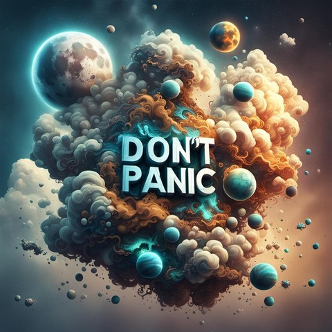 A scene set in space of the destruction of a plant surrounded by clouds of dust and debris with the words DON’T PANIC in bold letters a representation from the book The Hitchhikers Guide to the Galaxy by Douglas Adams.
