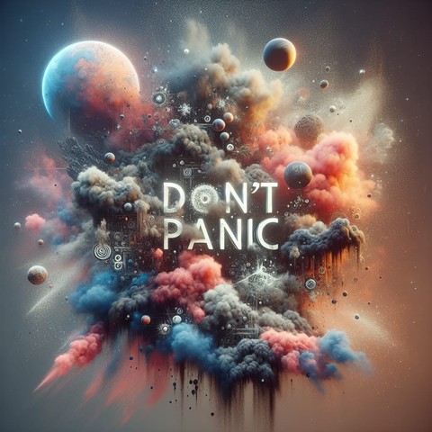 A third scene set in space of the destruction of a plant surrounded by clouds of pink and blue dust and debris with the words DON’T PANIC in bold letters a representation from the book The Hitchhikers Guide to the Galaxy by Douglas Adams.