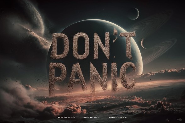 A fourth scene set in space of the destruction of a plant is imminent surrounded by clouds of dust with the words DON’T PANIC in bold letters a representation from the book The Hitchhikers Guide to the Galaxy by Douglas Adams.