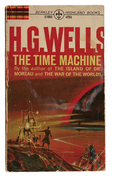 A white paperback book cover. On the lower 2/3rds, is a painting of a man standing on a hill, next to a glowing device. In the distance is a foreboding landscape (with lots of red).

Above the painting is the text:
H.G. WELLS
THE TIME MACHINE
By the author of THE ISLAND OF DR.
MOREAU and THE WAR OF THE WORLDS

At the top of the cover are the words: BERKLEY HIGHLAND BOOKS
45¢