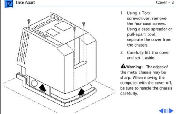 a page from the apple classic service manual showing how to open the computer: you put it with the screen on the desk, remove 4 screws and lift the cover.