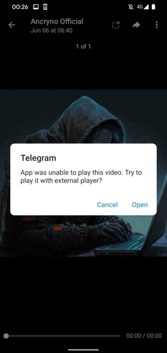 [ImageSource: ESET]

Prompt to launch an external video player

When users attempt to play the fake video, Telegram suggests using an external player, which may cause recipients to tap the 