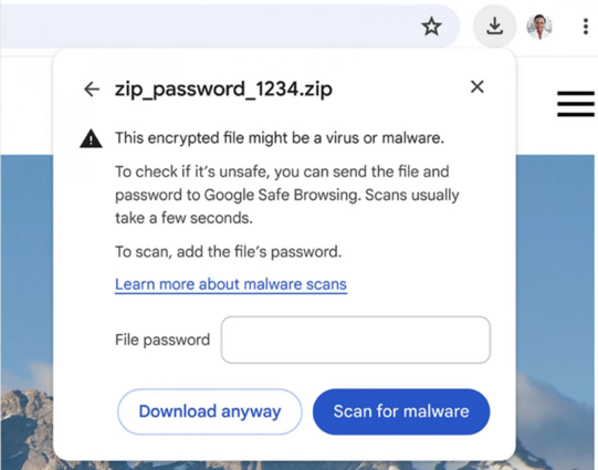[ImageSource: Google]

Chrome password-protected archive warnings

When downloading password-protected archives (e.g., zip, .7z, or .rar), users with Enhanced Protection toggled get prompted to enter the password before sending the file for additional scanning via Google's Safe Browsing service.